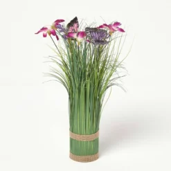 Kunstgras-Deko Mit Schmetterlingen Und Blüten, 35 Cm Groß, Violett