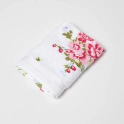Frottee Handtuch Weiß Vintage Blumen Pink