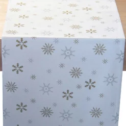 Tischläufer Mit Schneeflocken-Design, 100% Baumwolle, Weiß Und Gold