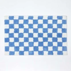 Karierte Rutschfeste Badematte 100% Baumwolle, Blau Und Weiß