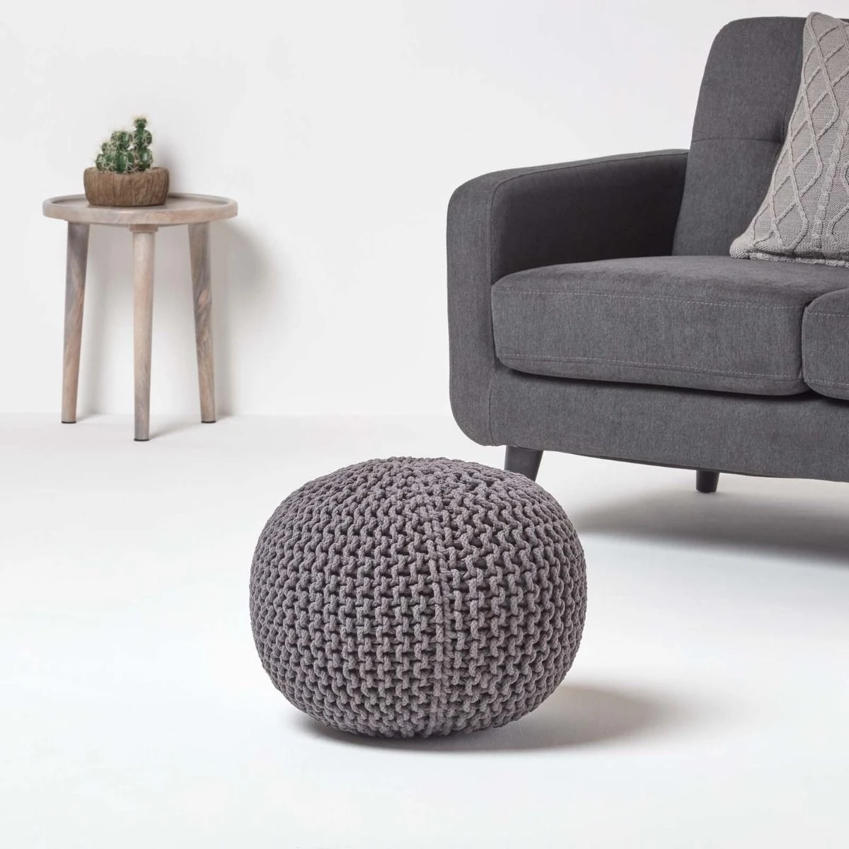 Runder Strickpouf 100% Baumwolle, Grau 2 Runder Strickpouf 100% Baumwolle, Grau – Bild 2