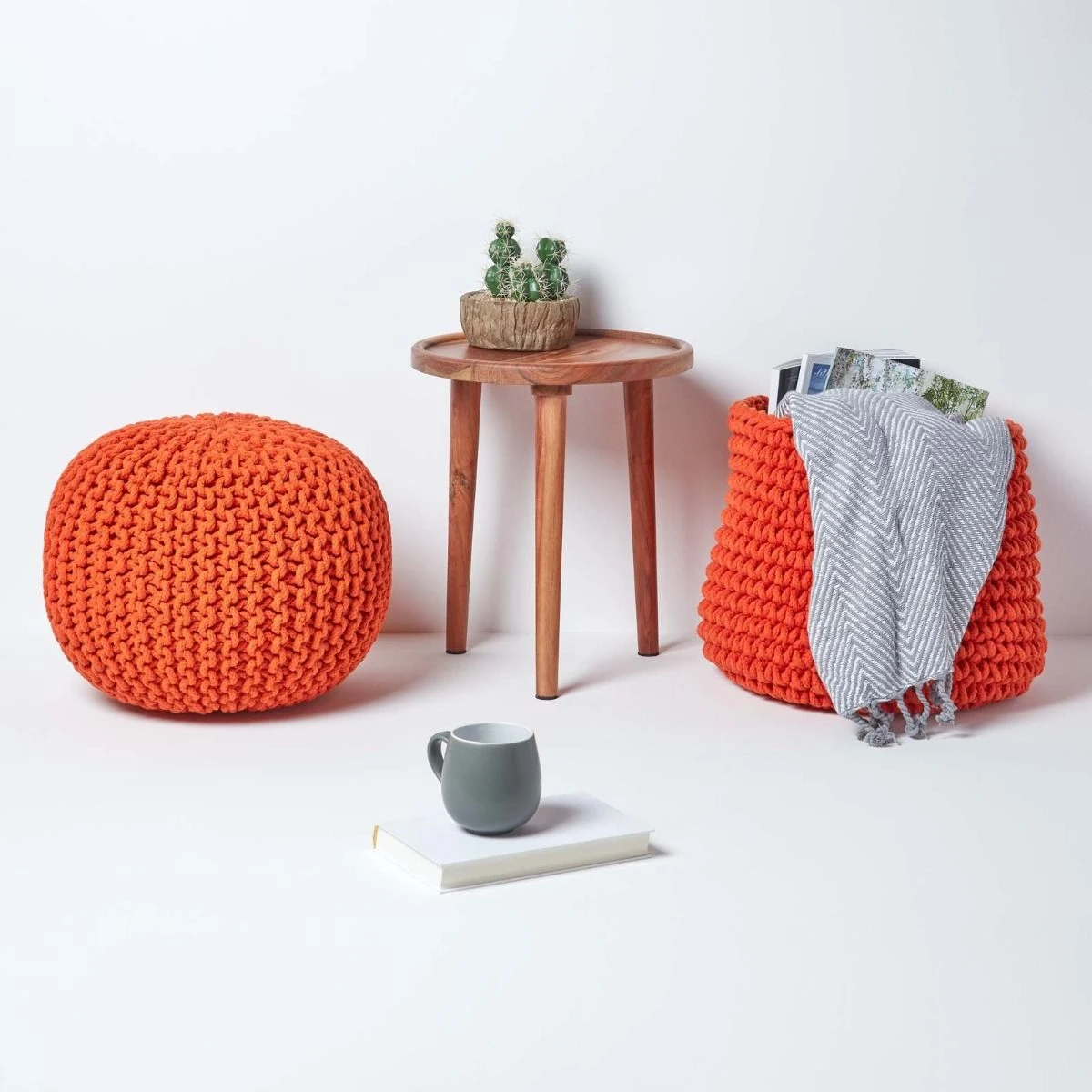Runder Strickpouf 100% Baumwolle, Orange 6 Runder Strickpouf 100% Baumwolle, Orange – Bild 6