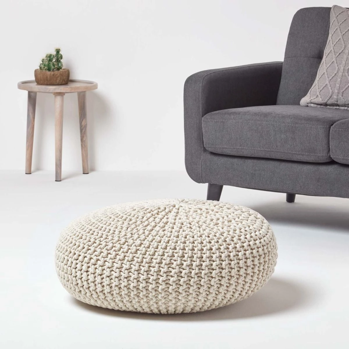 Großer Strickpouf 100% Baumwolle, Natur 2 Großer Strickpouf 100% Baumwolle, Natur – Bild 2
