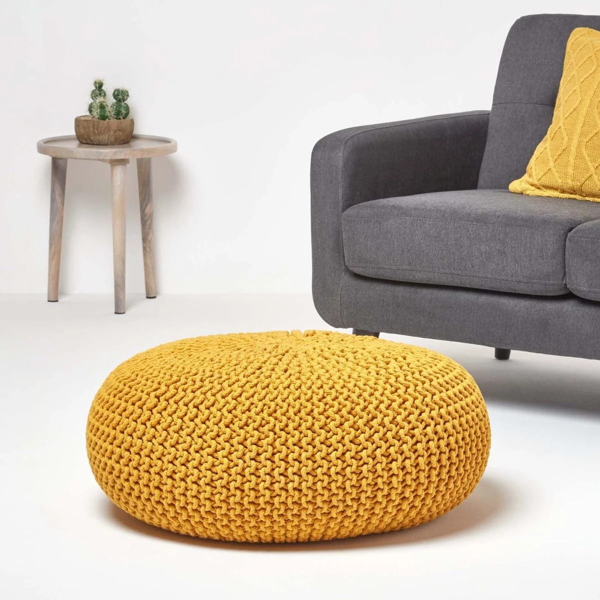 Großer Strickpouf 100% Baumwolle, Senf 2 Großer Strickpouf 100% Baumwolle, Senf – Bild 2