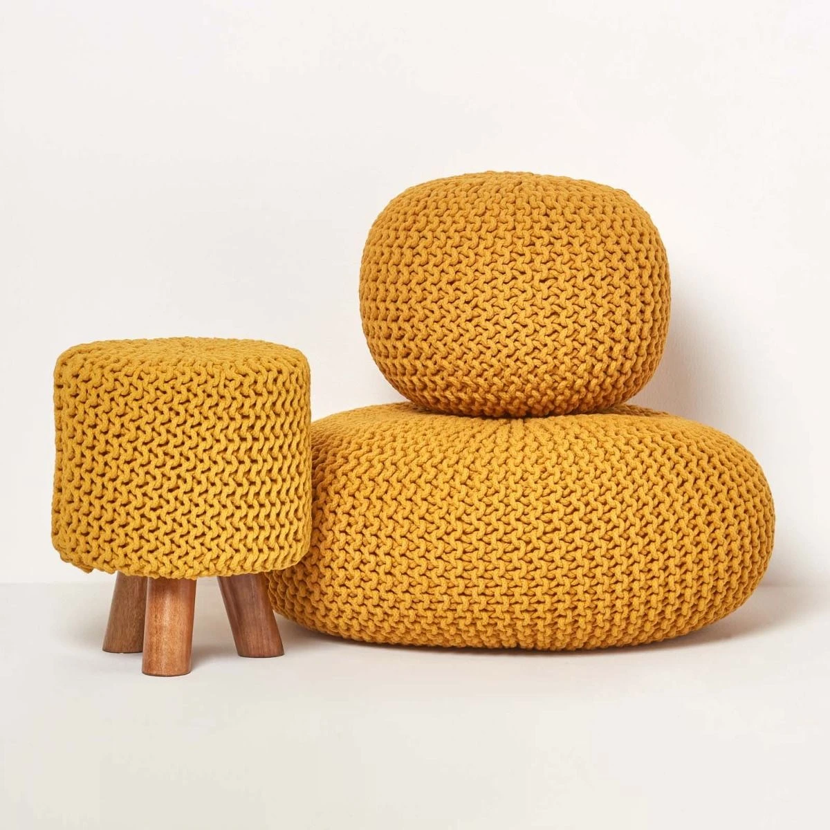 Großer Strickpouf 100% Baumwolle, Senf 5 Großer Strickpouf 100% Baumwolle, Senf – Bild 5