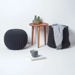 Runder Strickpouf 100% Baumwolle, Schwarz -Homescapes Sale Haus sf1366 06