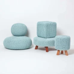 Runder Strickpouf 100% Baumwolle, Hellblau -Homescapes Sale Haus sf1570 05