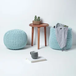 Runder Strickpouf 100% Baumwolle, Hellblau -Homescapes Sale Haus sf1570 06