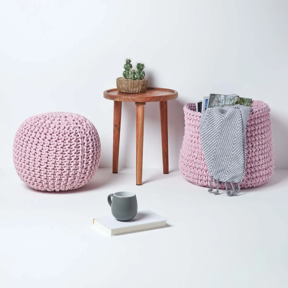 Runder Strickpouf 100% Baumwolle, Rosa 6 Runder Strickpouf 100% Baumwolle, Rosa – Bild 6