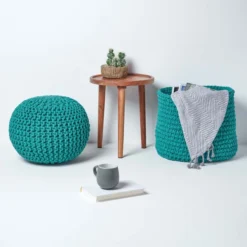 Runder Strickpouf 100% Baumwolle, Petrol -Homescapes Sale Haus sf1673a 06