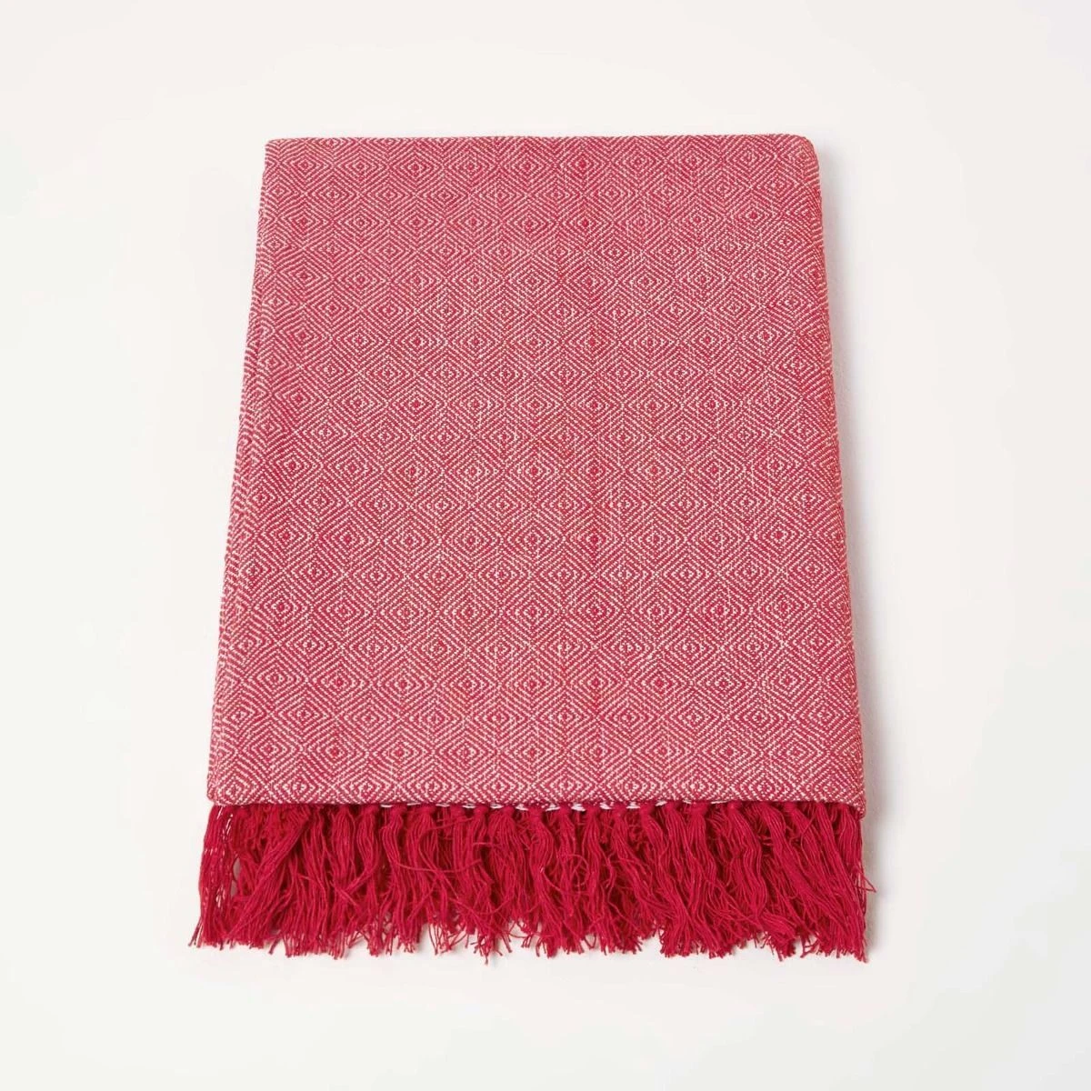 Malda Baumwolldecke Mit Fransen – Überwurf / Wohndecke Rot Mit Rautenmuster 2 Malda Baumwolldecke Mit Fransen – Überwurf / Wohndecke Rot Mit Rautenmuster – Bild 2