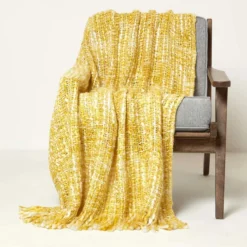 Plaid / Decke Ophelia 125 X 150 Cm – Überwurf Mit Fransen, Gelb Meliert